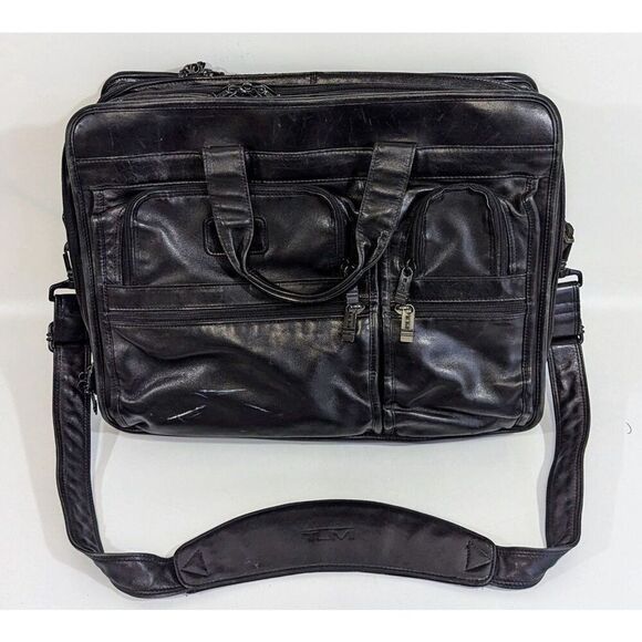 TUMI Alpha Expandable Large Leather Briefcase  Laptop Messenger Shoulder Bag - Picture 1 of 16